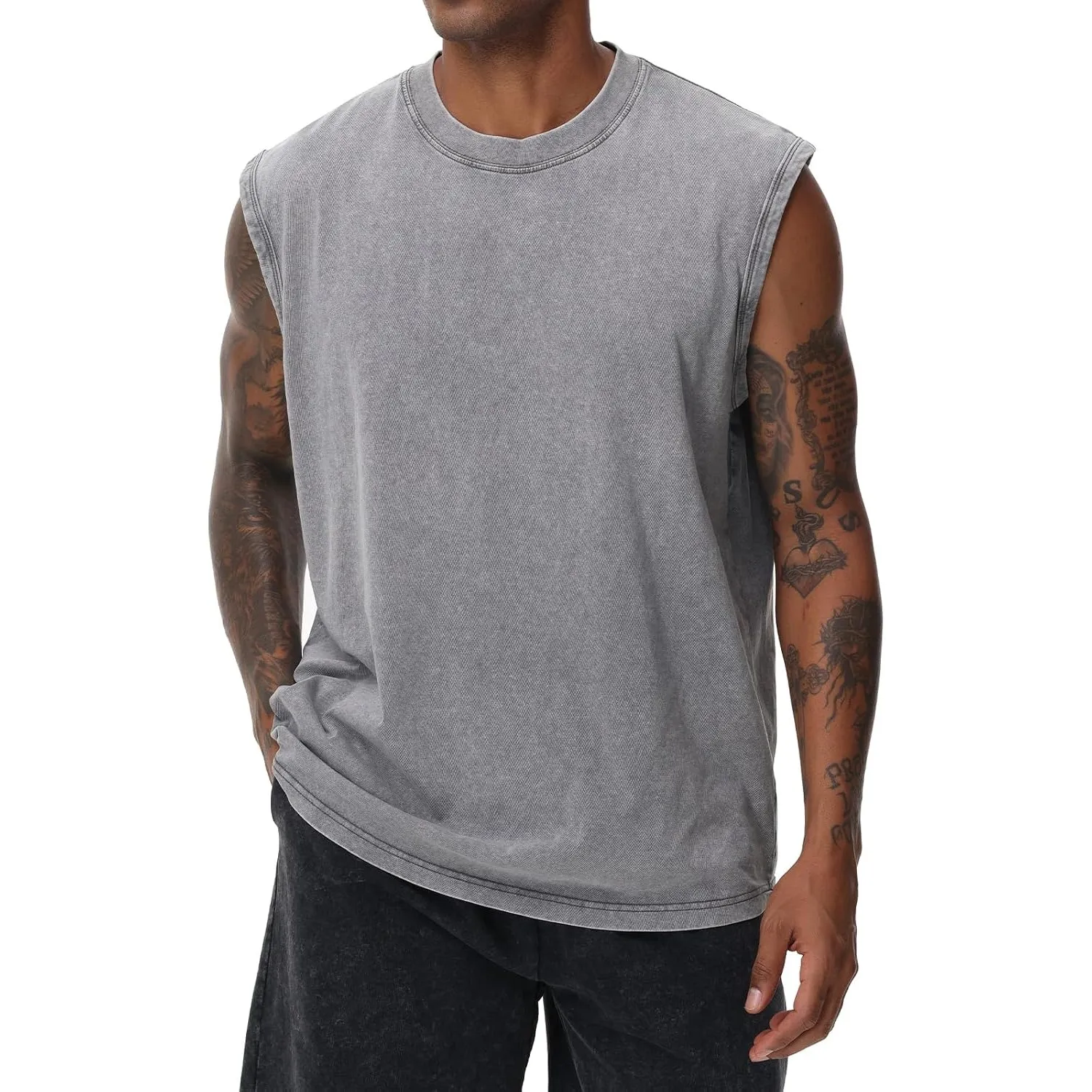 Herren Kurzarm Sommer Ärmelloses Shirt, Männer Fitness ärmellos Weste, Washed Sleeveless t-Shirt, Workout, Fitnessstudi…