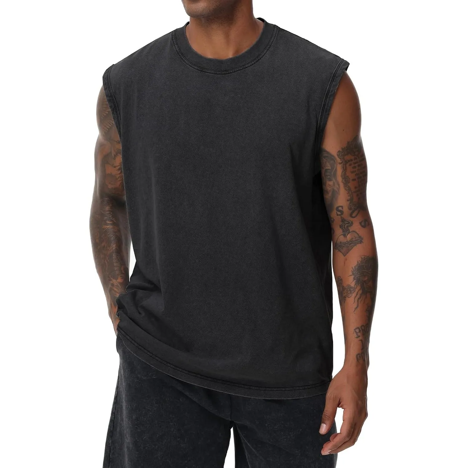 Herren Kurzarm Sommer Ärmelloses Shirt, Männer Fitness ärmellos Weste, Washed Sleeveless t-Shirt, Workout, Fitnessstudi…