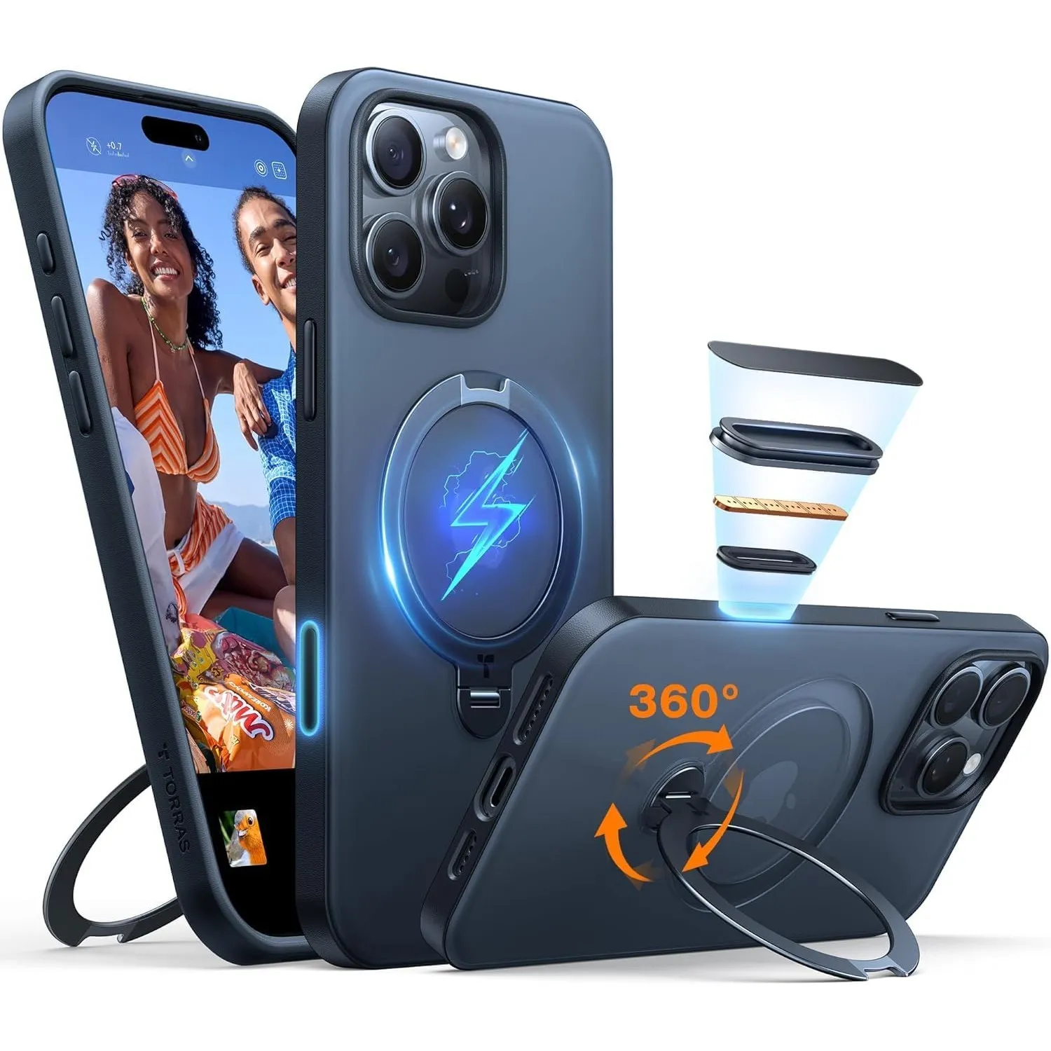 TORRAS Ostand Q3 Spin für iPhone 16 Pro Max Hülle mit 360° Ständer Schwarz