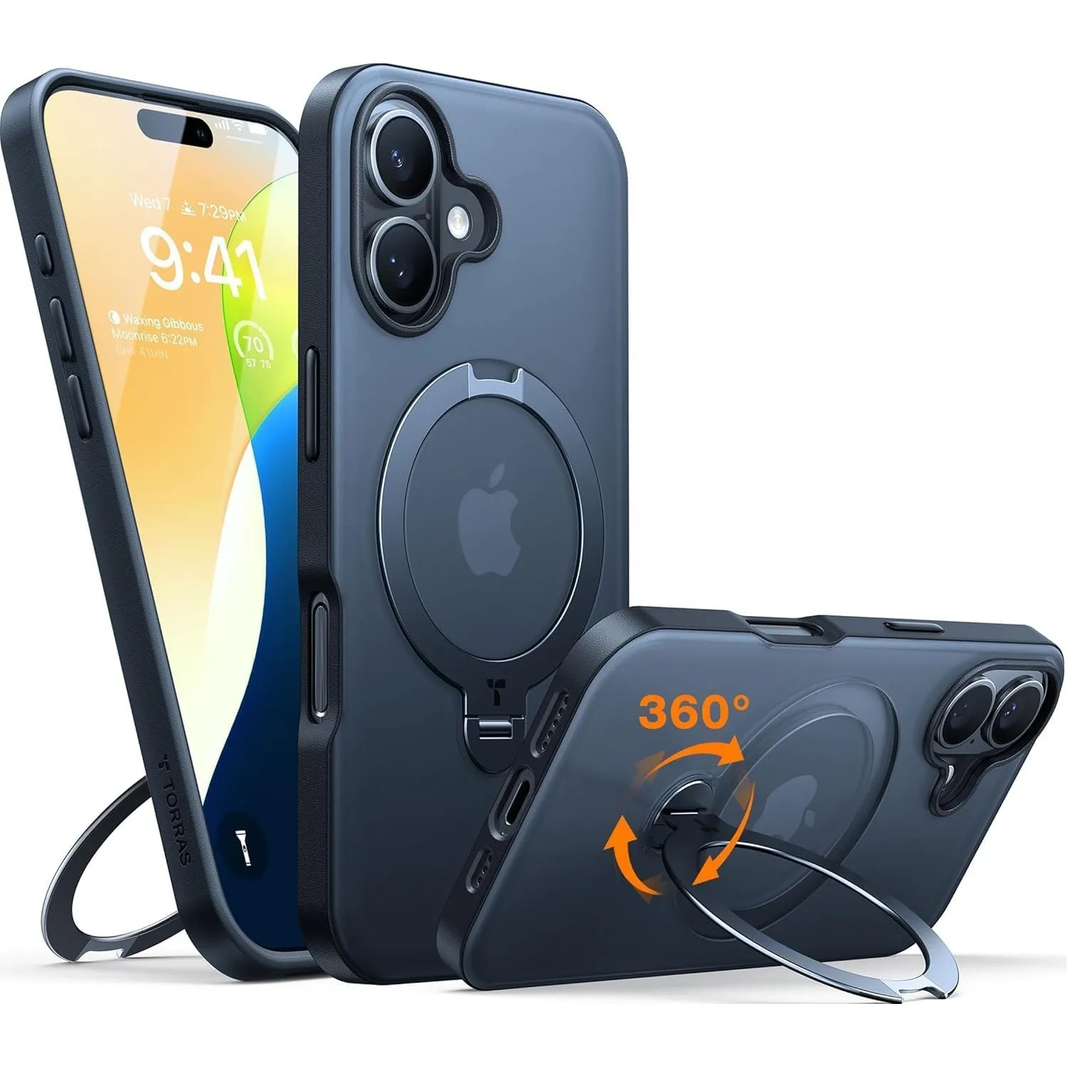 TORRAS Ostand Q3 Spin für iPhone 16 Hülle mit 360° Ständer Schwarz