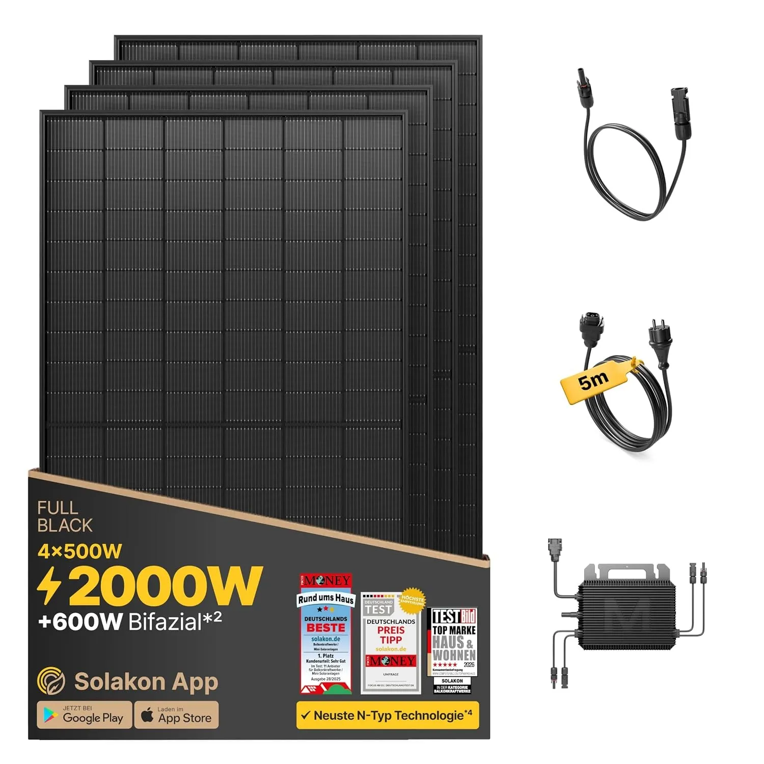 Solakon Balkonkraftwerk 2000W komplett Steckdose - Balkonkraftwerk 2000 Watt neuester Wechselrichter 800W - Solaranlage…