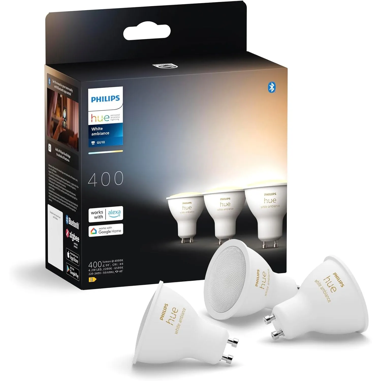 Philips Hue White Ambiance GU10 LED Spot 3er Pack (400lm), dimmbare LED Lampen für das Hue Lichtsystem, warmweißes- bis…