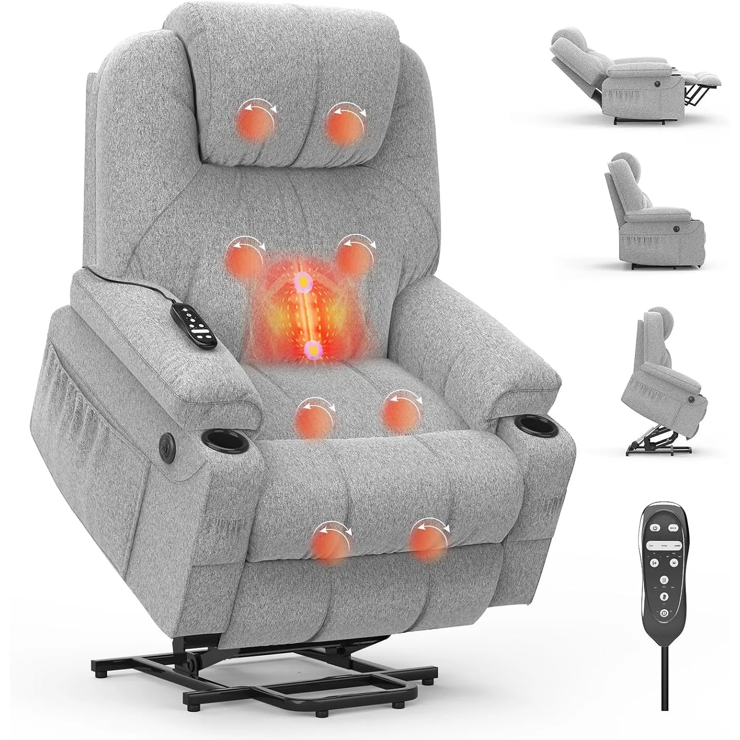 Relaxsessel für ältere Menschen, Power-Liegestuhl mit Massage und Wärme, verlängerte Fußstütze, Typ C + USB-Anschlüsse,…
