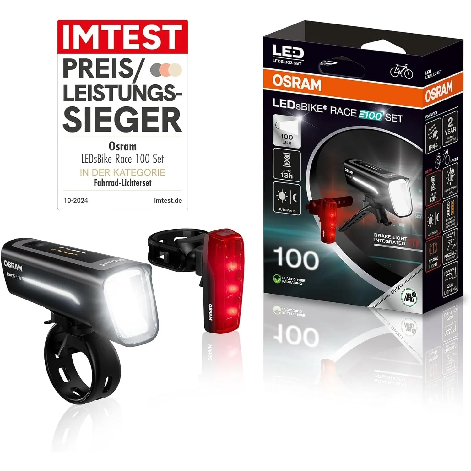 OSRAM LEDsBIKE Race 100 Set, wiederaufladbares Fahrradlichtset, StVZO-zugelassenes Front- und Rück-LED-Lichtset mit Bre…