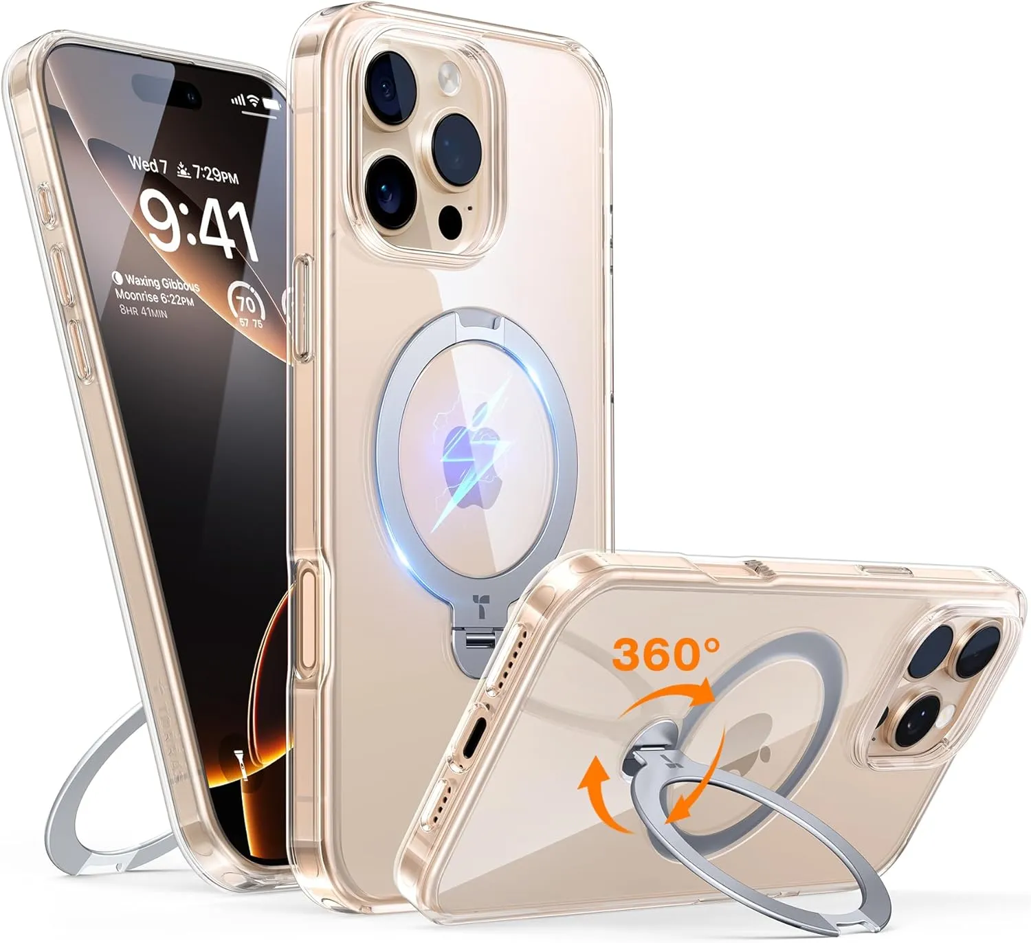 TORRAS 360° Ostand Spin für iPhone 16 Pro Max Hülle (Magnetischer Robust Ständer) Zertifizierte Militärschutz, MagSafe Kompatibel, Stabil für Video/Office Diamant-Klar Anti-Vergilbung Transparent