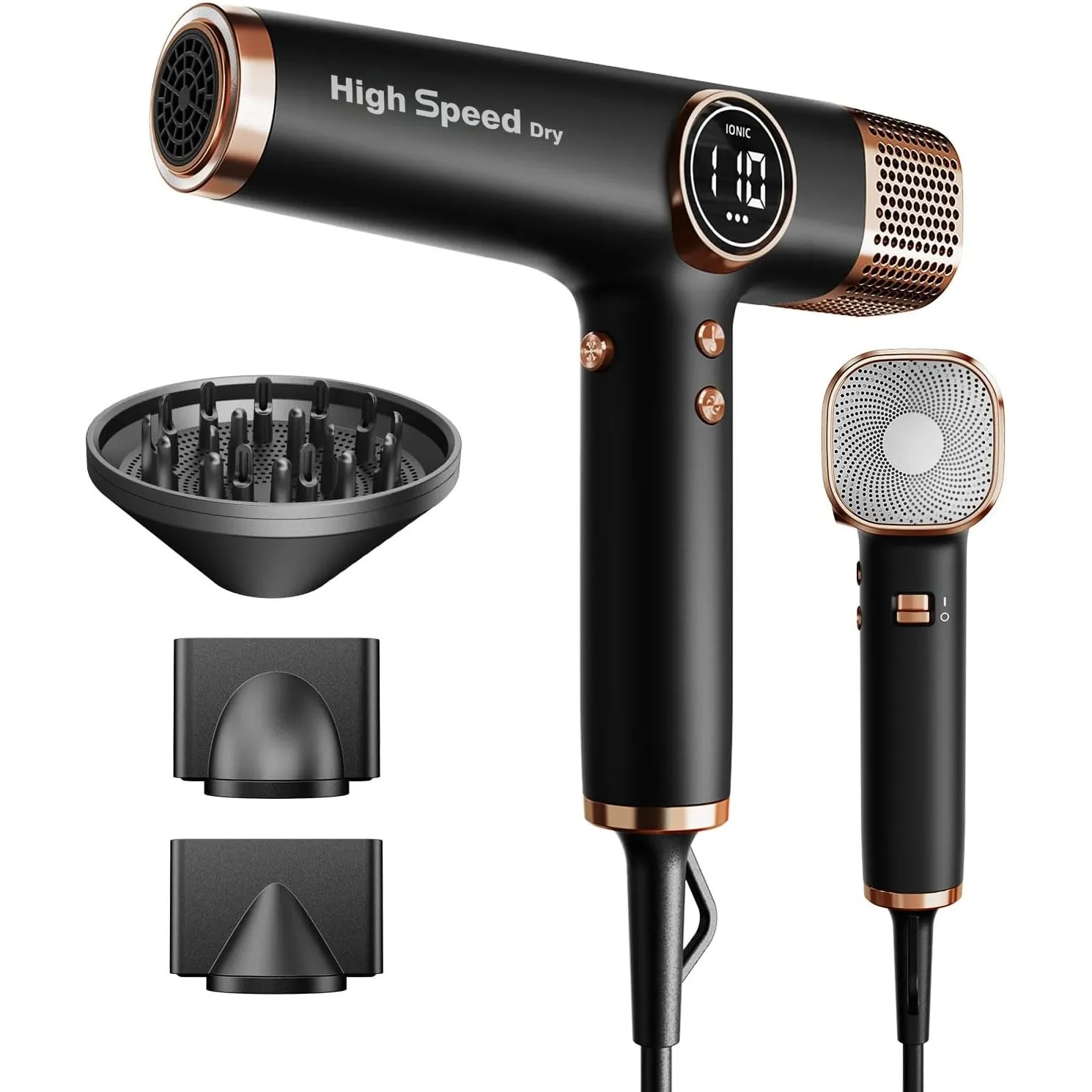Faszin Föhn Haartrockner mit Ionen-Technologie, 110.000 RPM Brushless Motor, Schnelltrocknung, Leiser Betrieb, LED Disp…