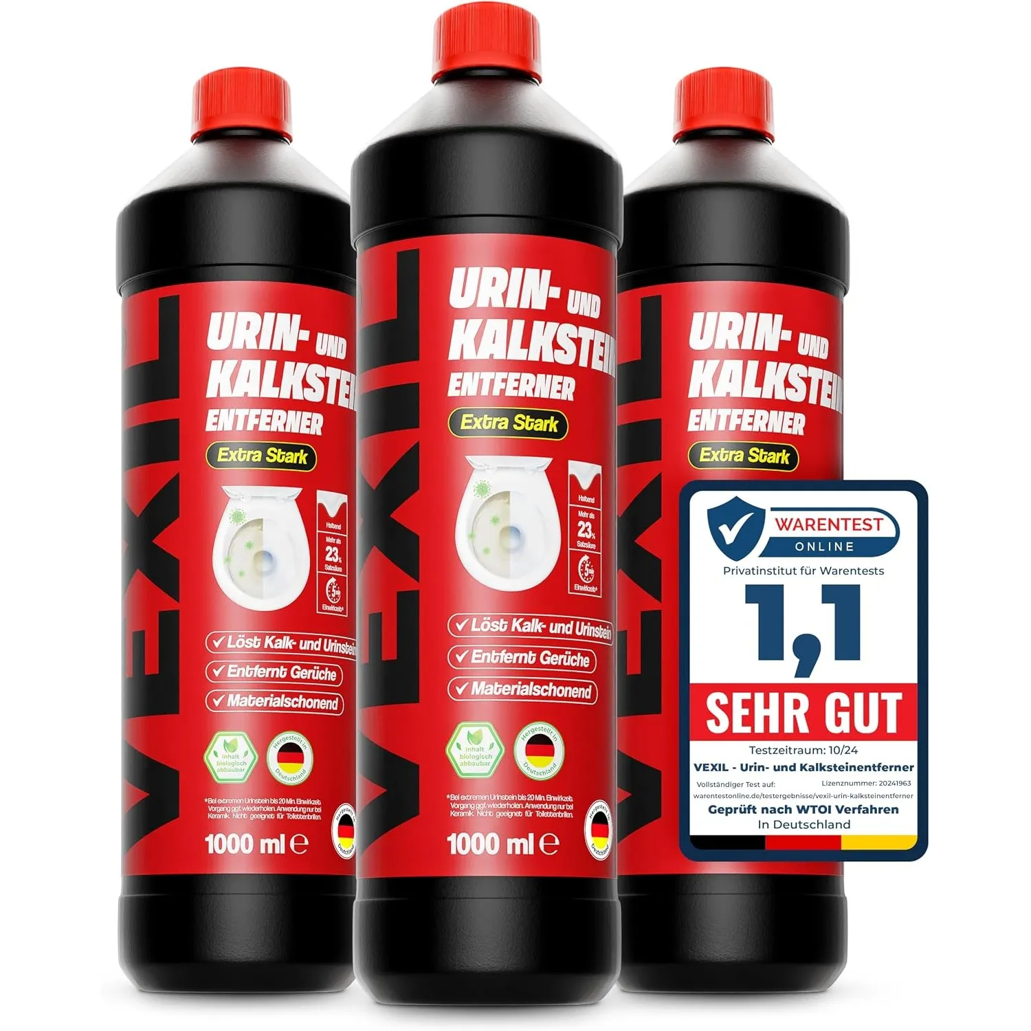 VEXIL® Urinsteinentferner EXTRA STARK - 3x 1000 ml - entfernt mühelos hartnäckigen Urin- & Kalkstein - Profi WC-Reinige…