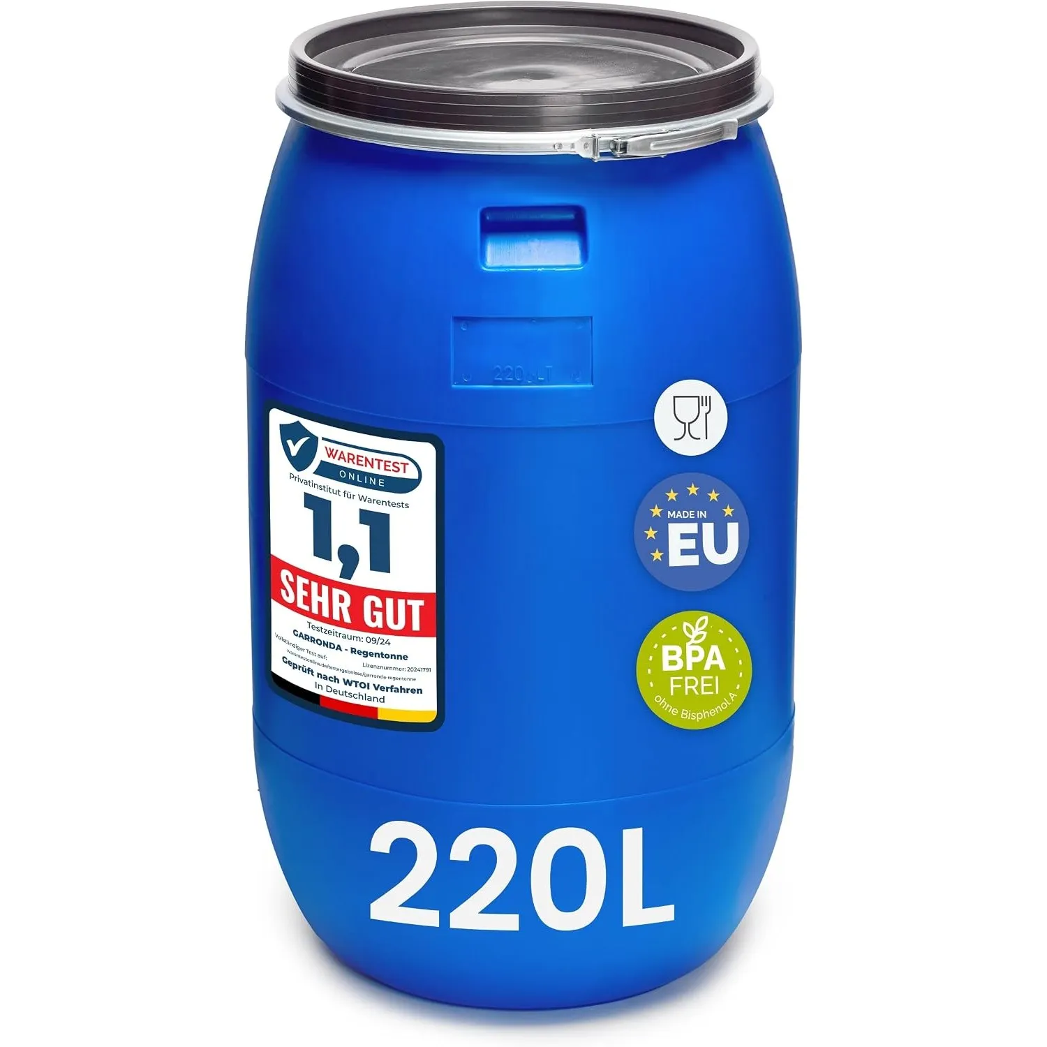 Garronda 220L Regentonne Wassertank Weithalsfass Futtertonne Blau GD-0078 | BPA-frei, mit Deckel, als Regenwassertonne,…