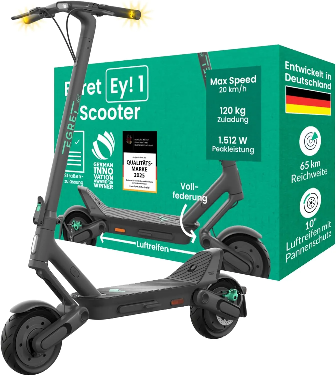 Egret Ey! Serie E-Scooter mit Straßenzulassung | Bis zu 65Km Reichweite und 1520 Watt Peak, 20km/h, Luftreifen, Dual Br…