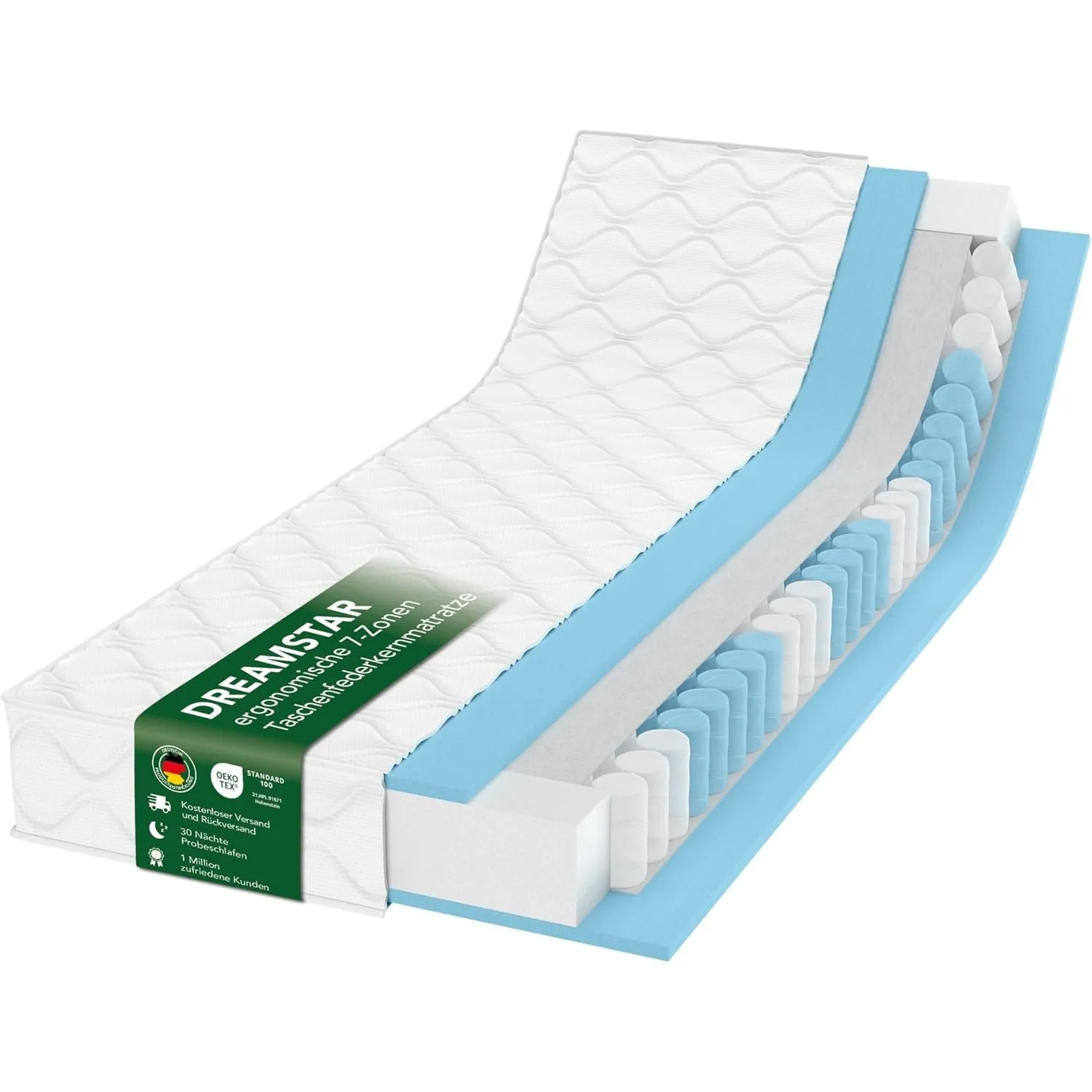 DREAMSTAR Ergo Flex Duo Taschenfederkernmatratze 80x200cm | Ergonomische 7-Zonen Matratze | Öko-TEX® | H2 (0-80kg) & H3…