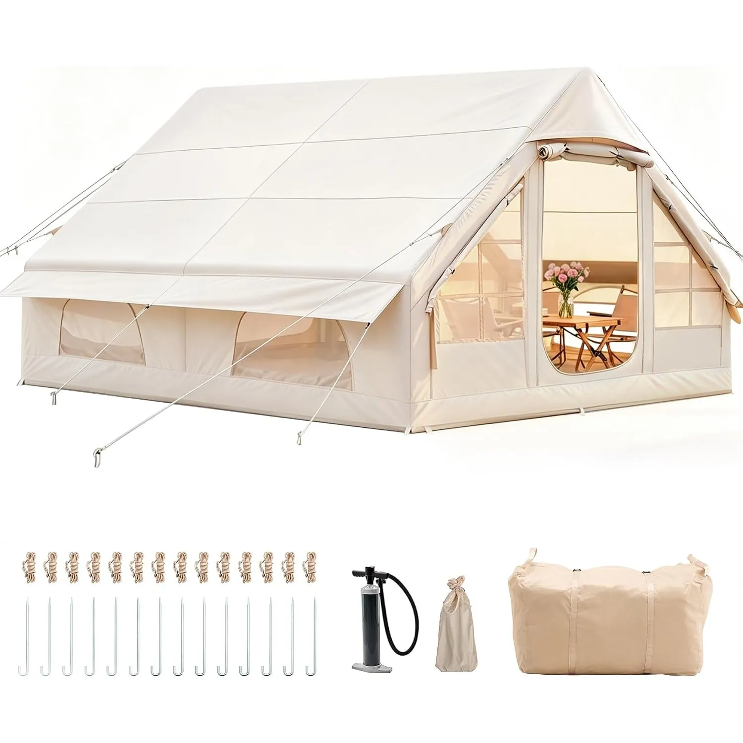 Aufblasbares Campingzelt mit Kaminöffnung & Dachfenster, Aufblasbare Zelt für 2-10per mit Luftpumpe, Zelt Aufblasbar au…