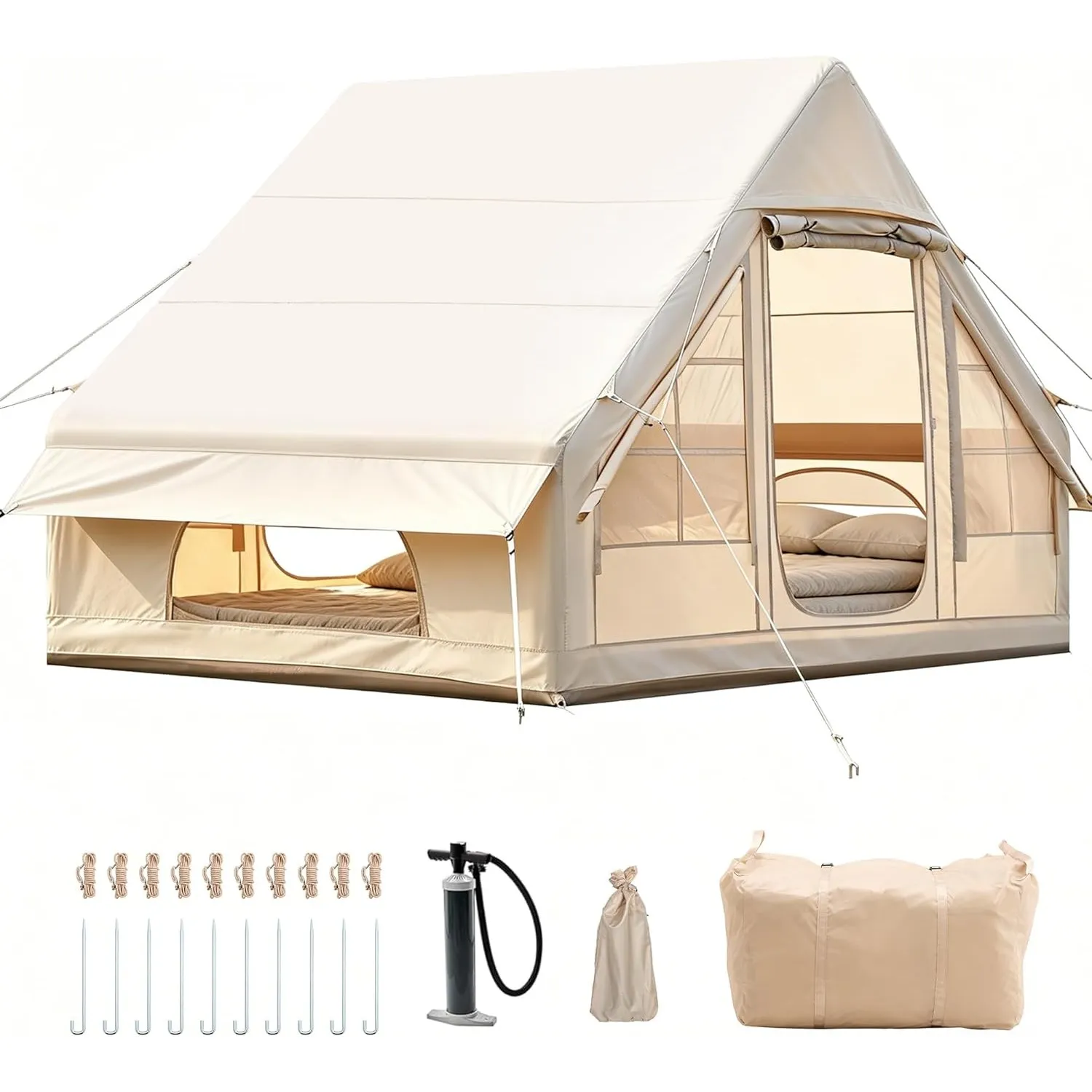 Aufblasbares Campingzelt mit Kaminöffnung & Dachfenster, Aufblasbare Zelt für 2-10per mit Luftpumpe, Zelt Aufblasbar au…