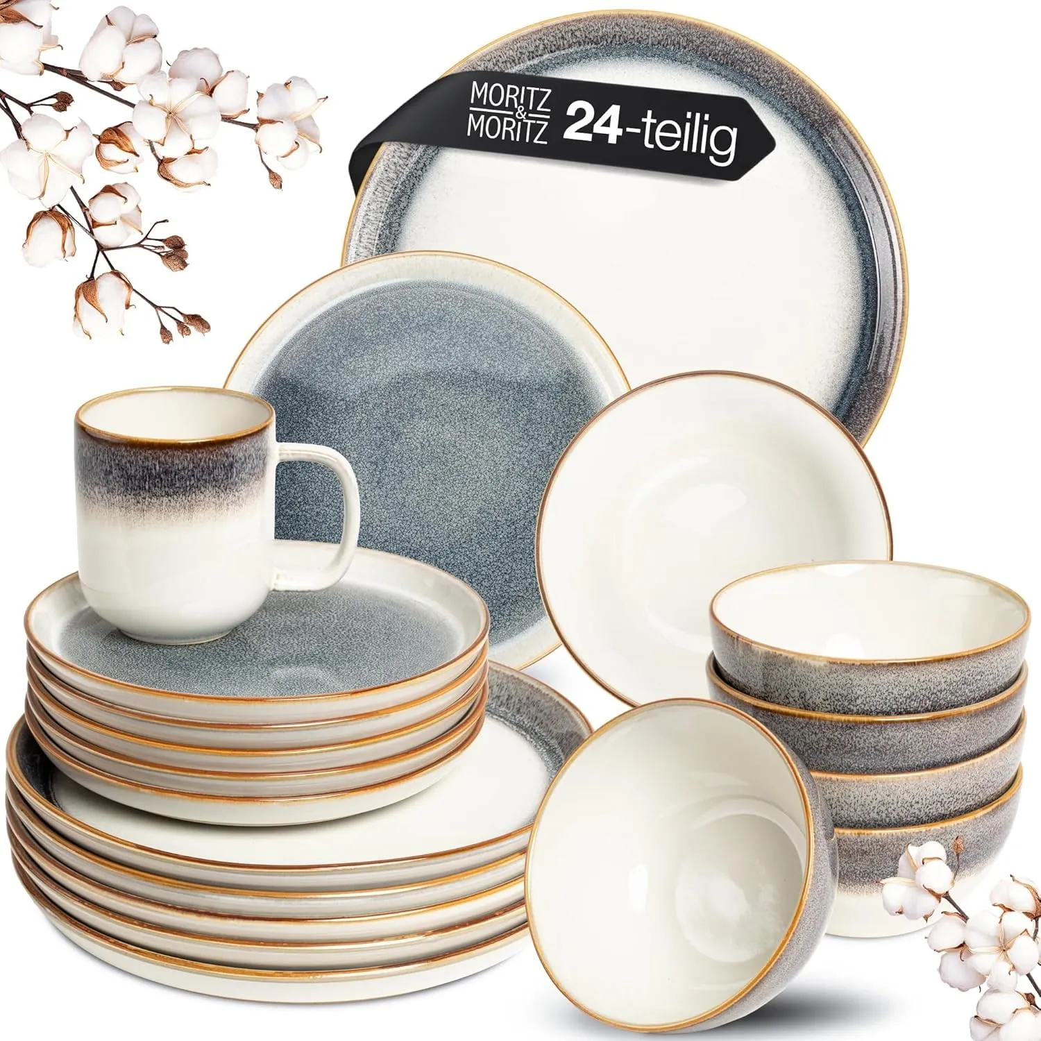 Moritz & Moritz Steingut Geschirrset 6 Personen - 24-tlg. - Robustes Steingut - Tarento - Teller Set aus Steingut - Ges…