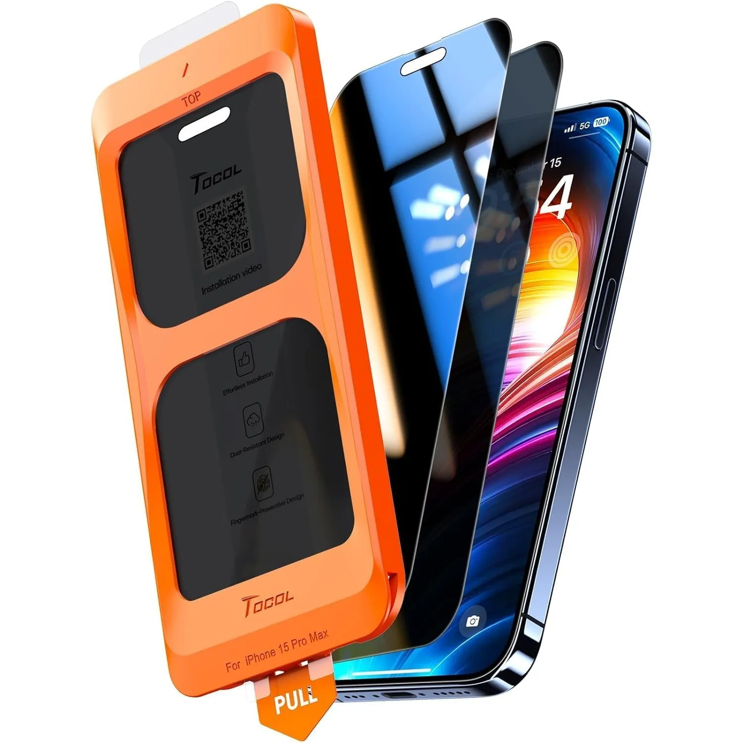 TOCOL für iPhone 15 für Panzerglas Sichtschutz, Einfache Montage