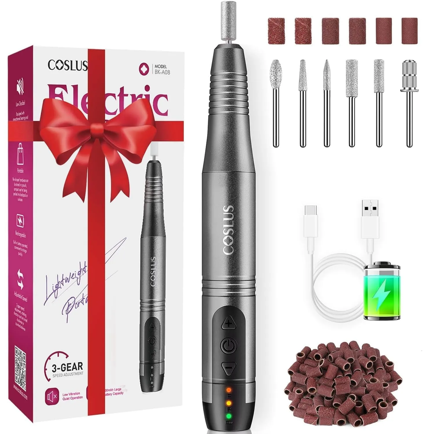COSLUS C20 Elektrischer Nagelfräser 35000 u/min kabellos 11 in 1, Grau