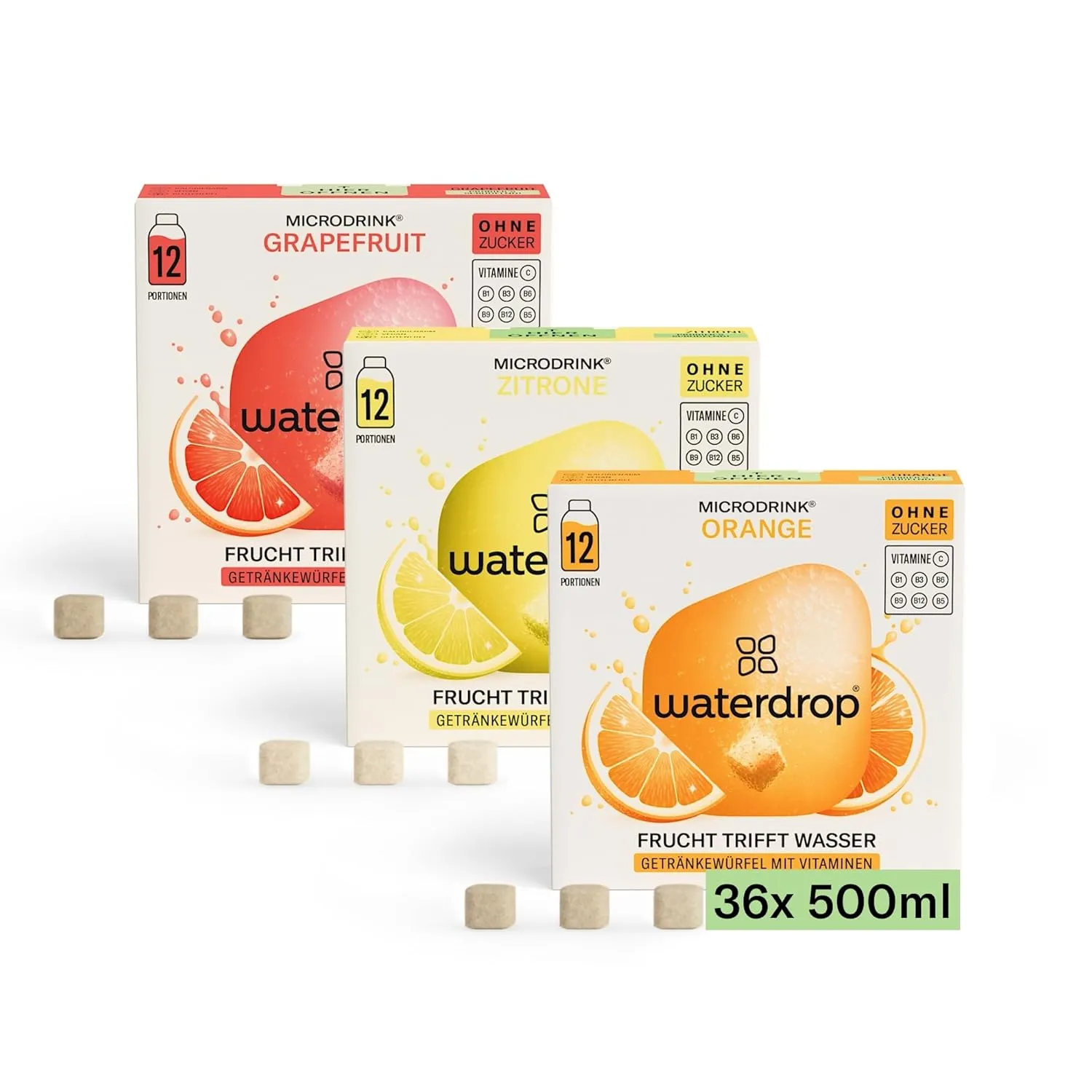 waterdrop® Microdrink Limonade: Orange, Zitrone, Grapefruit, 36 Drops Würfel, zuckerfreies Getränkpulver, 3 fruchtige Sorten, Frucht- und Pflanzenextrakten, mit wertvollen Vitaminen, Wasserzusatz