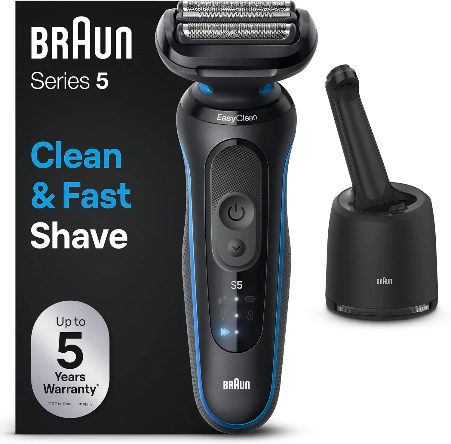 Braun Series 5 Elektrorasierer für Herren, Nass- und Trockenrasur, Turbo und Standard Modus, Wasserdichter Folienrasierer, Made in Germany, Mit Clean & Charge Reinigungsstation, 52-B7000cc, Blau