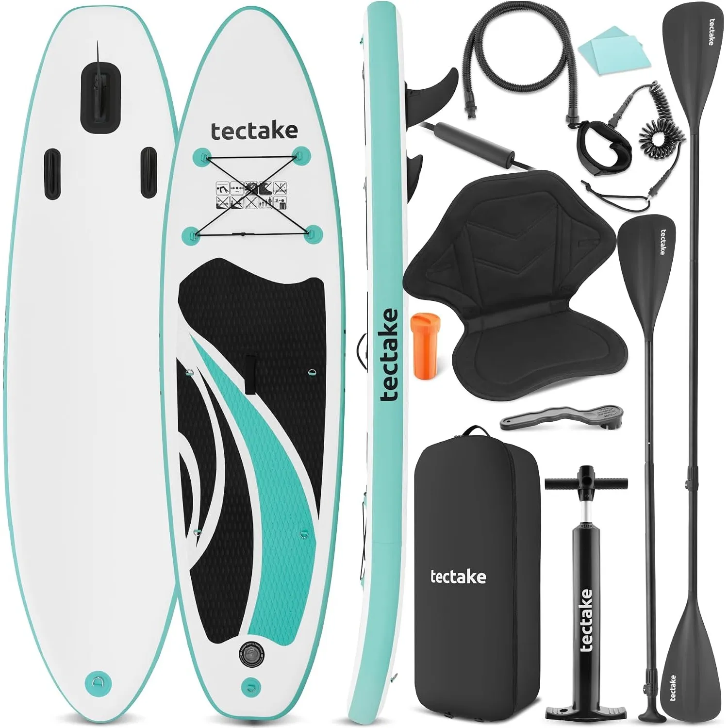 tectake® Stand Up Paddle Board, SUP aufblasbar, Standup, SUB mit Pumpe, Kajak Boot Sitz, Finnen, Rucksack, Doppelpaddel…