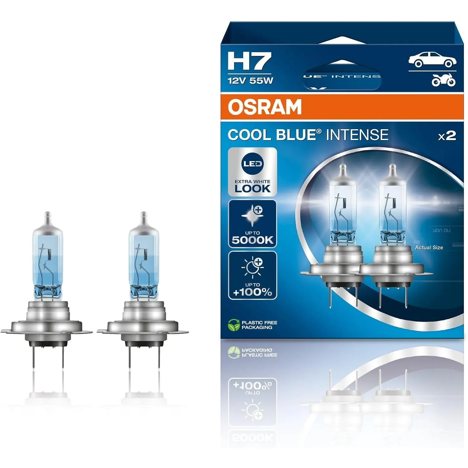 Osram Cool Blue Intense H7, Auto/LKW, +100% More Brightness, up to 5,000K, Halogen Headlight Lamp, LED Look, Hanging Fo…