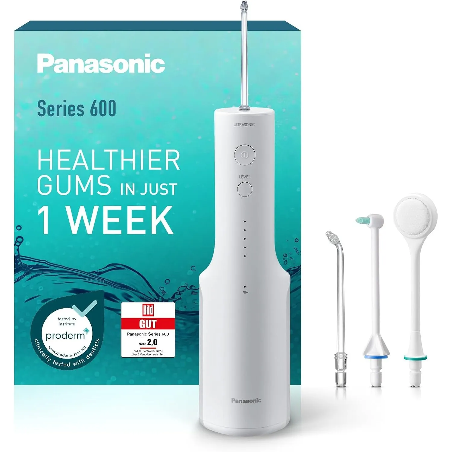 Panasonic Series 600 Ultraschall-Munddusche EW-DJ67-W303, Zahndusche, Munddusche kabellos, 200 ml, IPX7, 2 Ultraschalld…