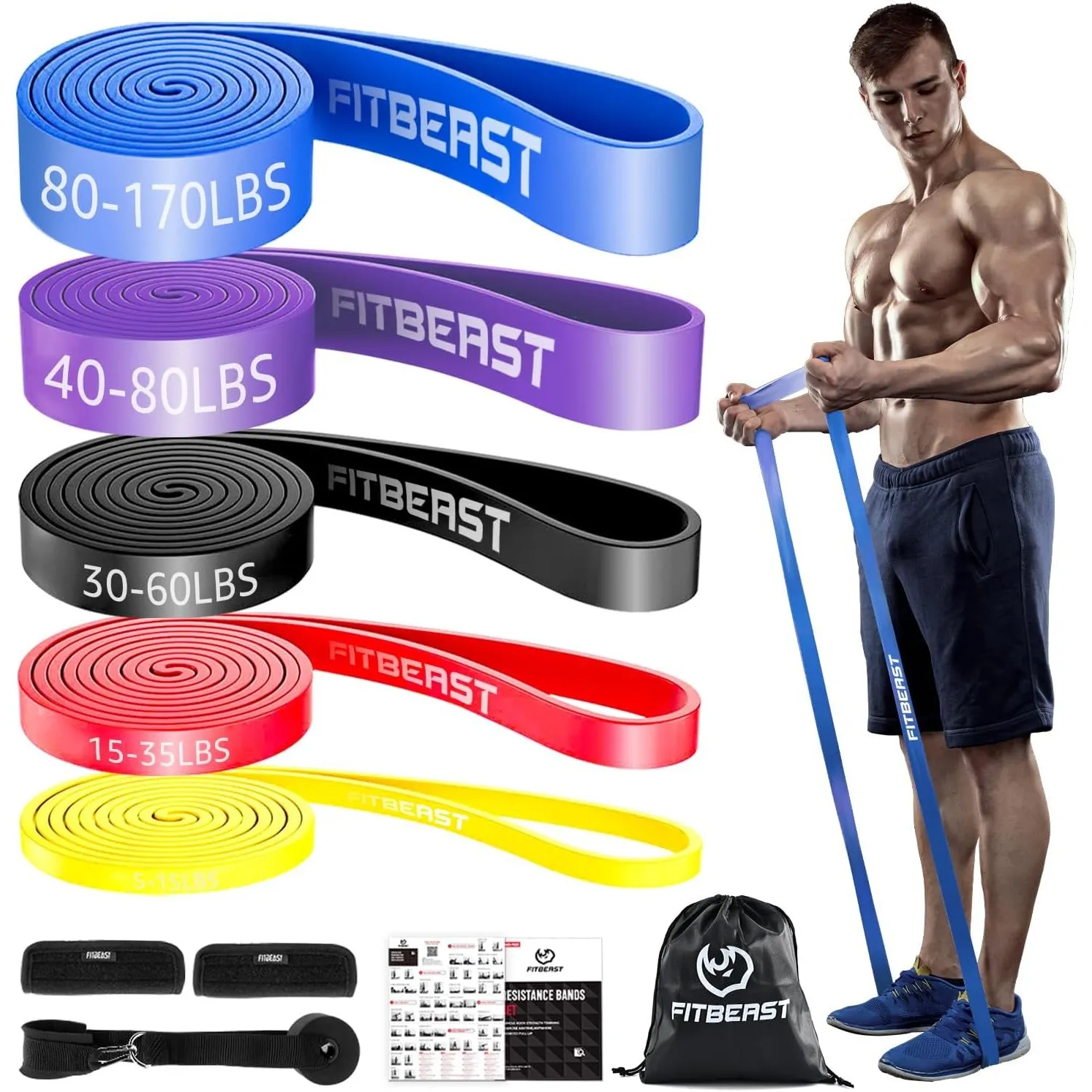FitBeast Widerstandsbänder Set, 5 Level Pull-up-Bänder für Krafttraining, Crossfit, Powerlifting, Muskelaufbau, Heimtra…