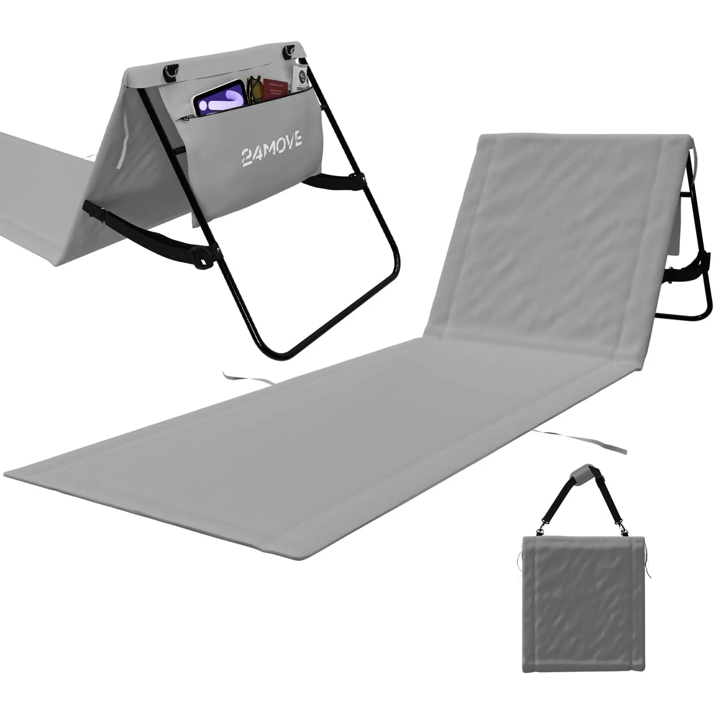 24MOVE® Strandmatte Set klappbar mit Verstellbarer Rückenlehne, Strandliege faltbar mit Schlaufen, Aufbewahrungstasche,…