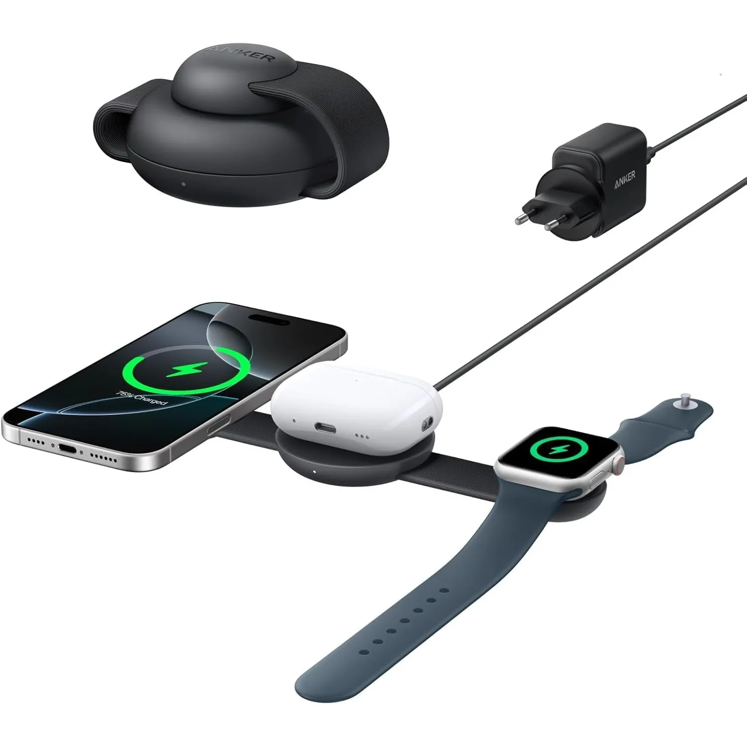 Anker MagGo 3-in-1 Kabellose Ladestation (mit EU/US/UK Stecker), MagSafe-Kompatibles Qi2-Zertifiziertes 15W Ladegerät, …