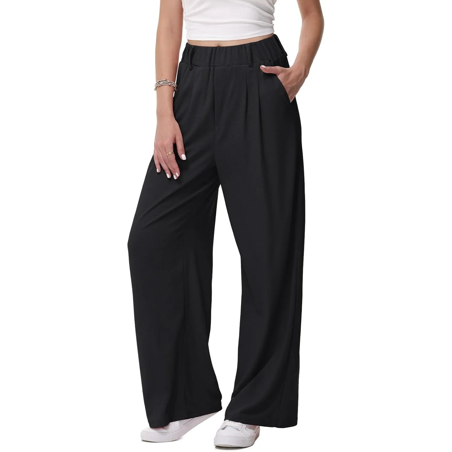 HMIYA Weite Hosen Damen-Bügelfreie Lässig Leichte Stoffhose Locker Palazzo Hose Hohe Taille Sommer Freizeithose mit Tas…