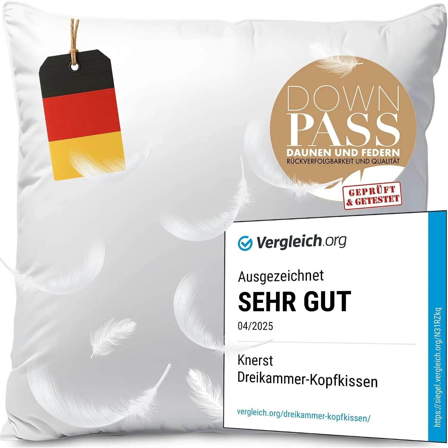 KNERST 2er Set Daunenkissen 80x80, 3-Kammer, Made in Germany, Feder Kissen