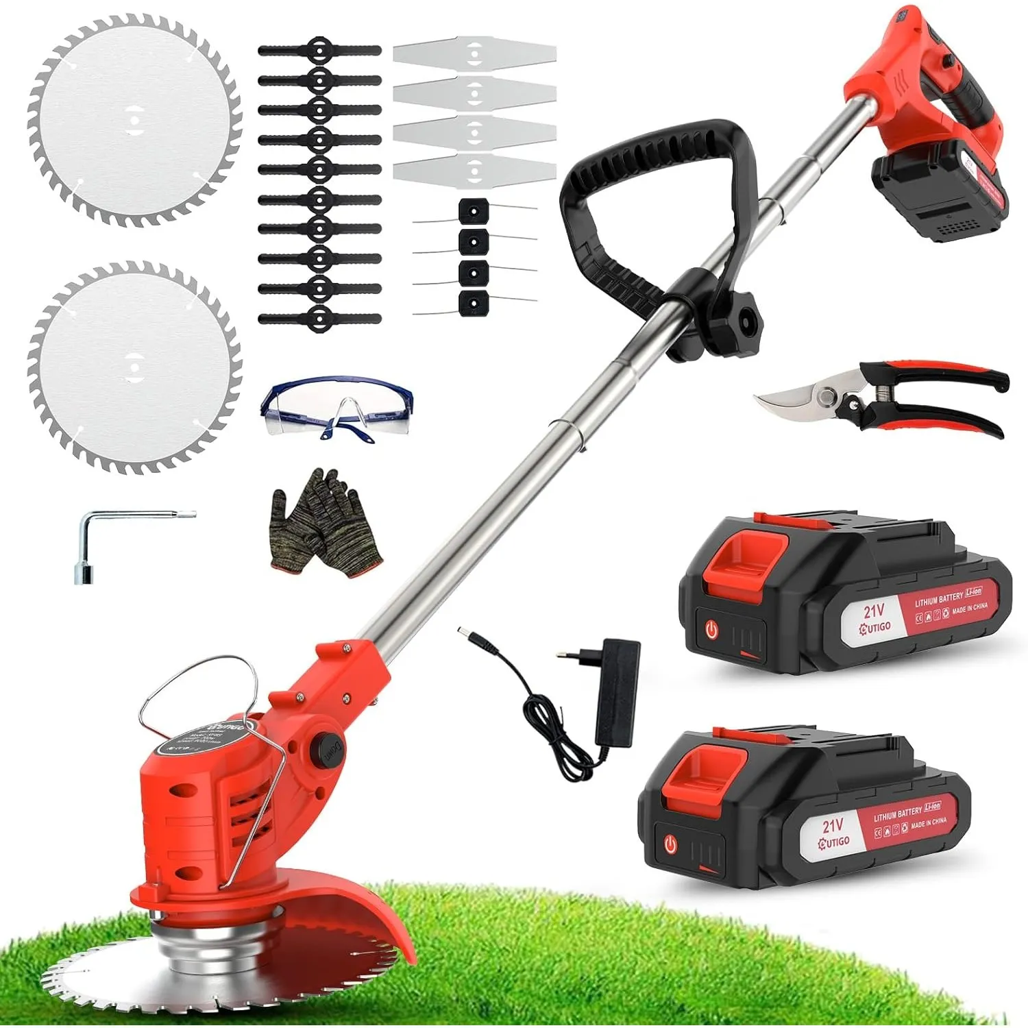 OUTIGO Akku Rasentrimmer mit Akku, Rasenkantenschneider mit 2 Akkus 21V und 4 Messertypen+1 Gartenschere, Verstellbarer…