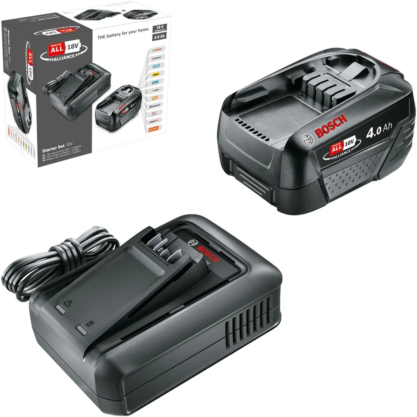 Bosch Akku und Schnellladegerät Starter Set 18V (1x 4,0Ah Li-Ionen-Akku; 1x Schnellladegerät; POWER FOR ALL 18V Allianc…