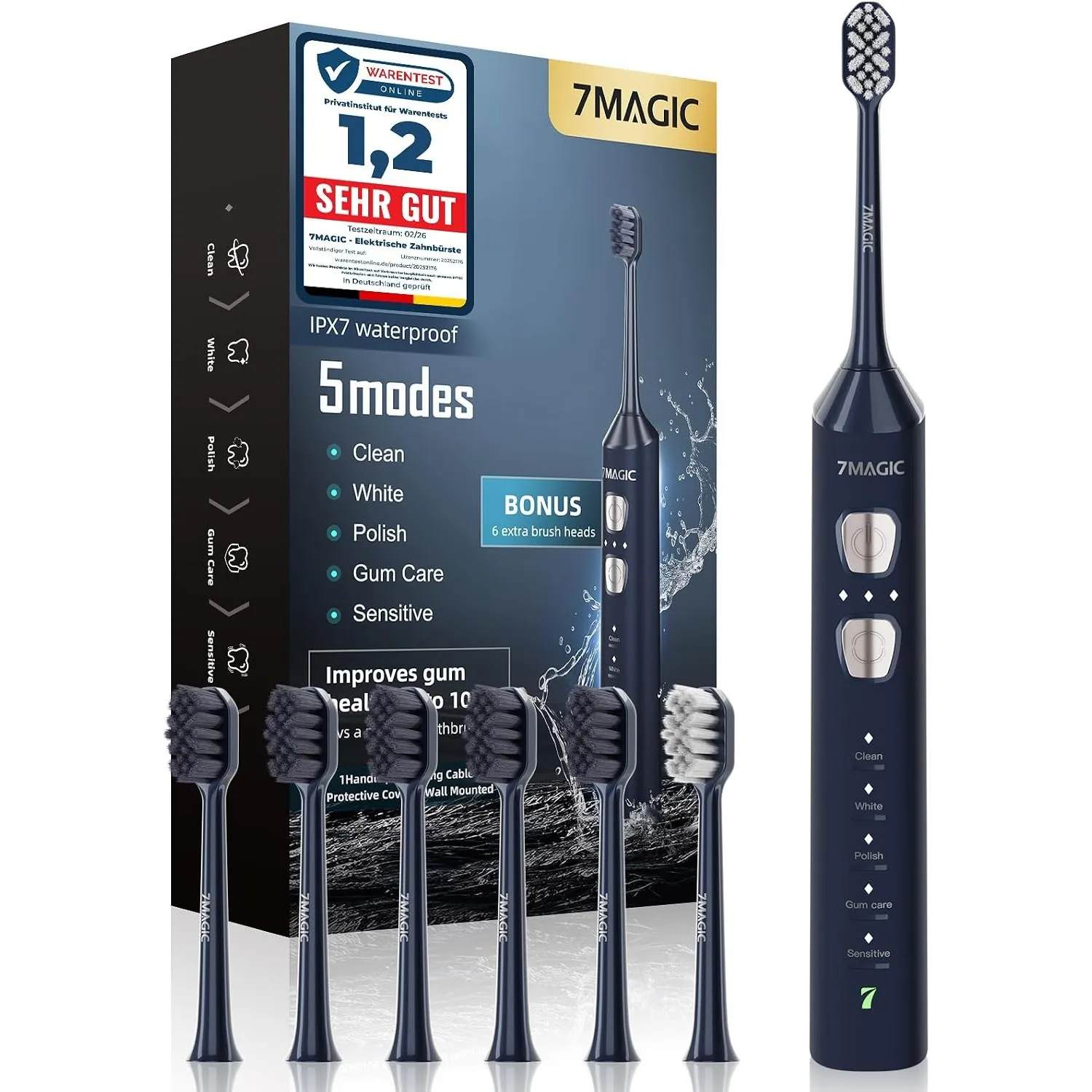 7MAGIC Elektrische Zahnbürste, Schallzahnbürste, 180 Tage Laufzeit, Blau