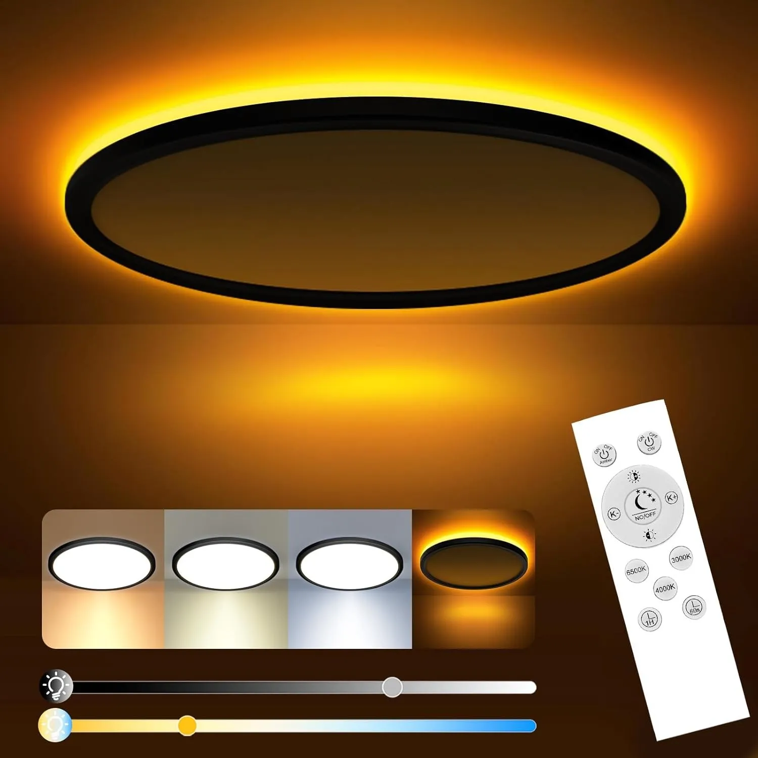 slochi LED Deckenleuchte, 24W Deckenlampe Flach Dimmbar mit Fernbedienung, 1800K Nachtlicht Warm, 3000K-6500K, Ultra Dü…