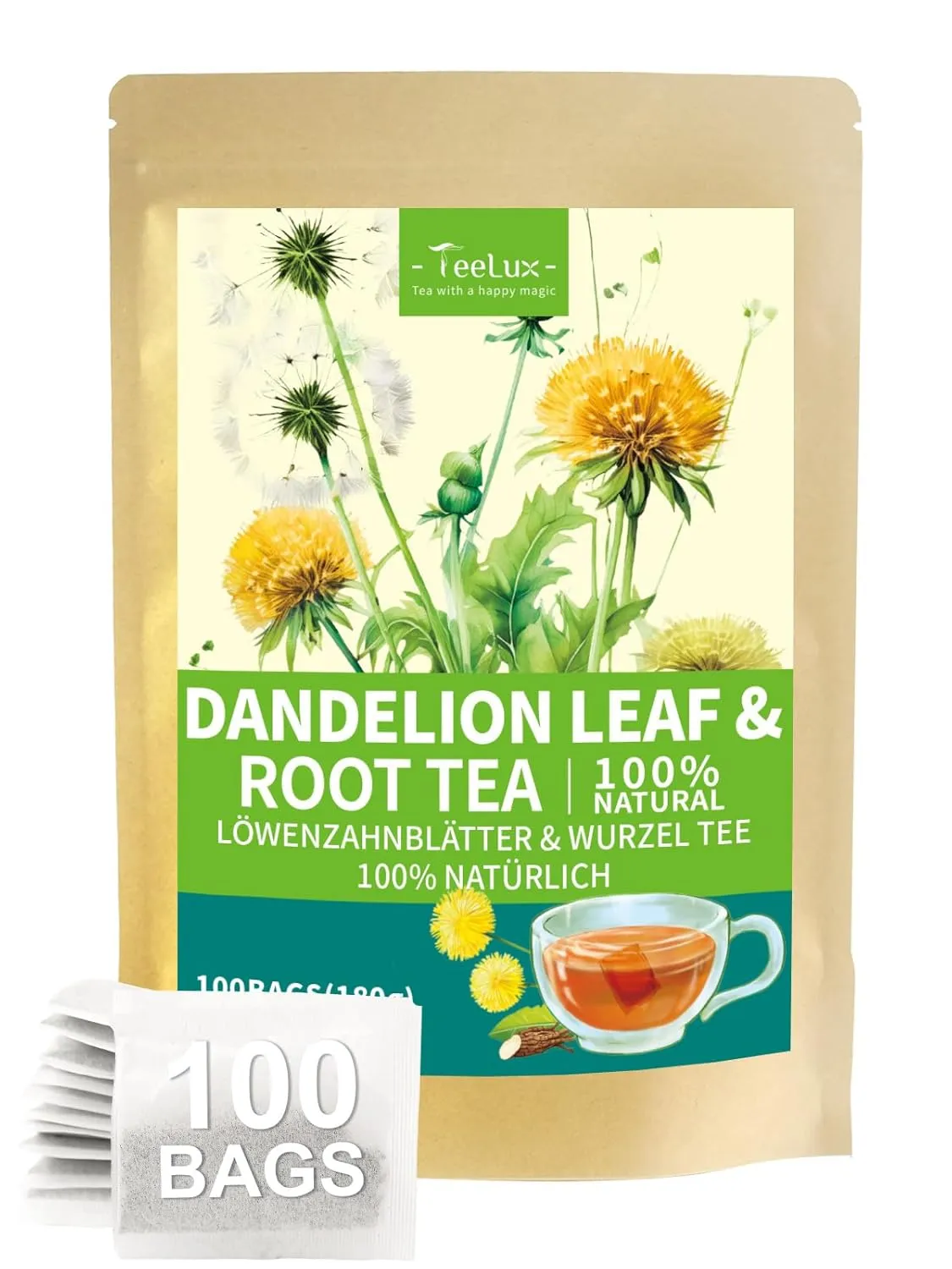TeeLux Löwenzahn Tee Beutel 100 Stück, Vegan, Löwenzahnwurzel & Blätter, Reiches Aroma, Natürlicher Koffeinfreier Kräut…