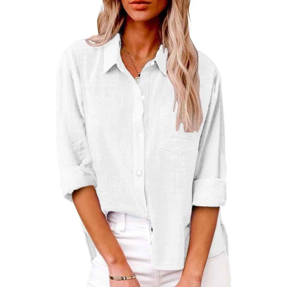 Friptspyg Bluse Damen Lässiges Langarm Hemdbluse Elegant Blusen & Tuniken für Damen V-Ausschnitt 100% Baumwolle Solide …