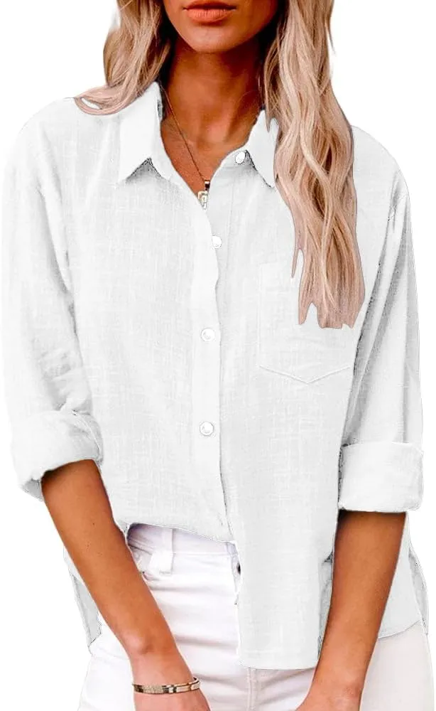 Friptspyg Blouse Women's Casual Long Sleeve Shirt Blouse Elegant Blouses & Tunics for Women V-Neck 100% Cotton Solid Su…
