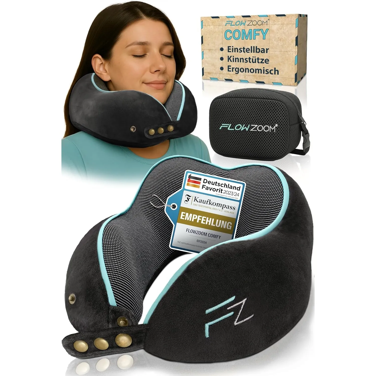 FLOWZOOM Comfy Nackenkissen für Flugzeug & Auto - Einstellbares Memoryschaum Nackenhörnchen mit flexiblen Druckknöpfen …