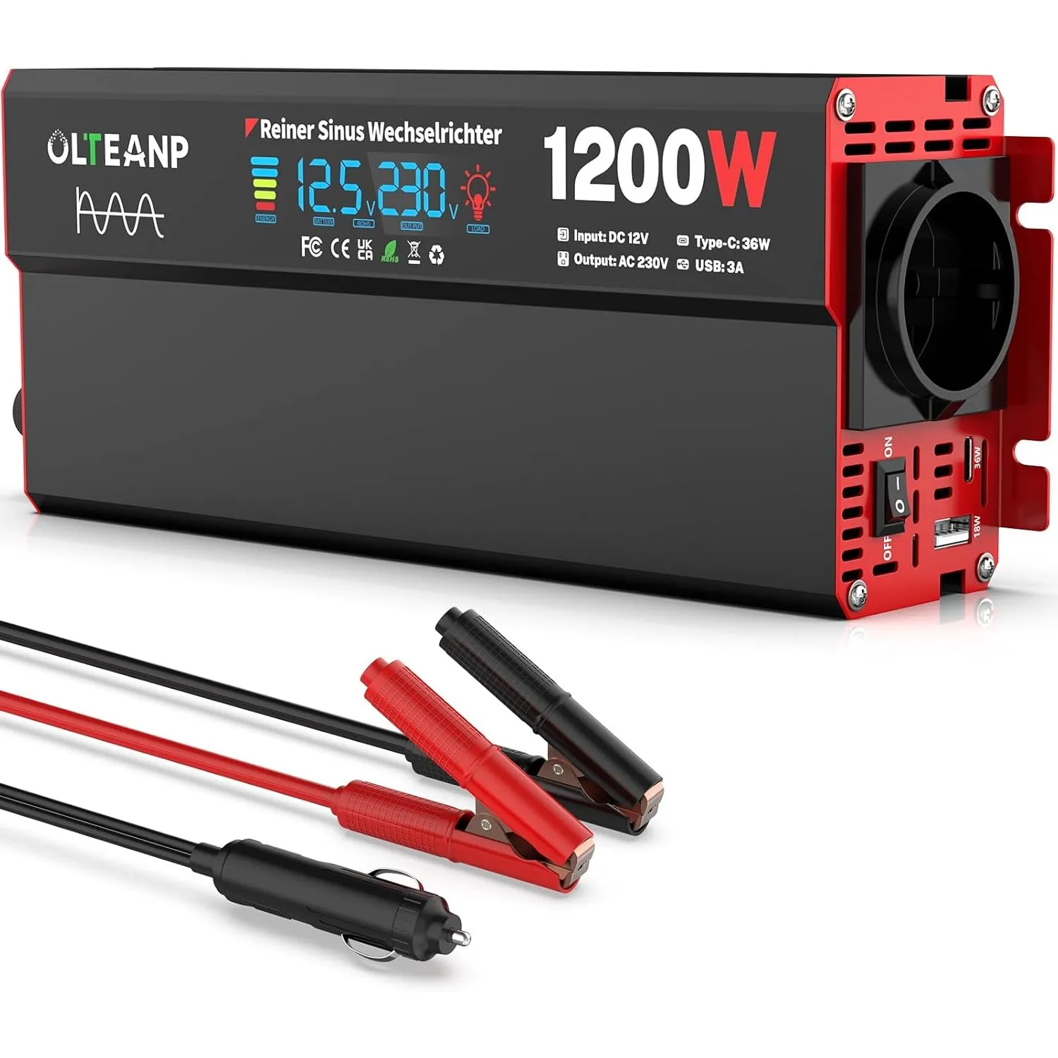 OLTEANP Wechselrichter 12V auf 230V Reiner Sinus,Spannungswandler 1200W Inverter mit LCD-Bildschirmanzeige, AC-Steckdos…