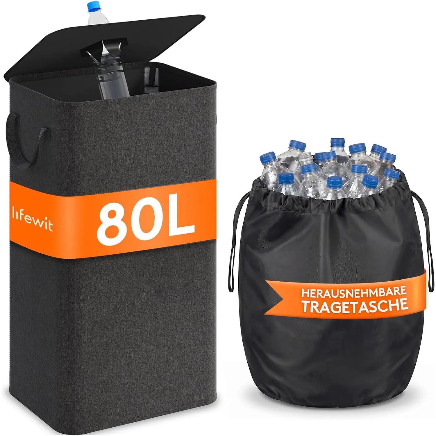 Lifewit 80L Pfandflaschen Sammelbehälter mit Deckel, Dunkelgrau