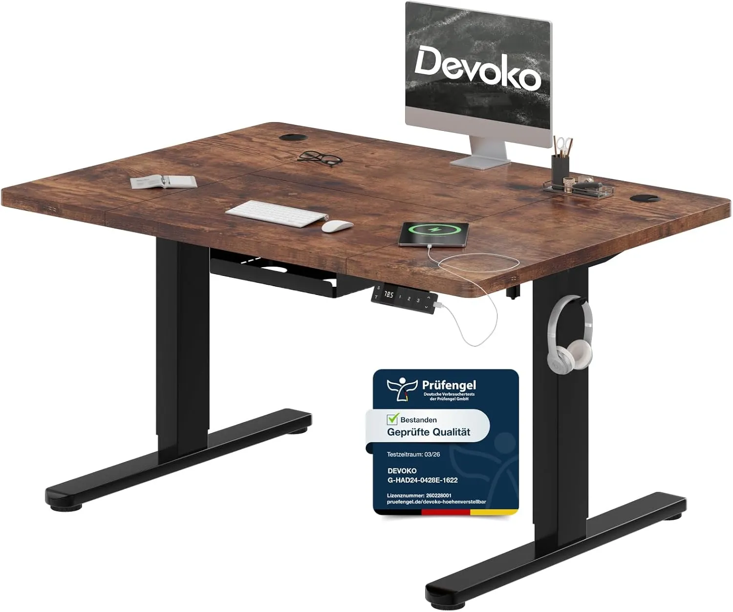 Devoko Höhenverstellbarer Schreibtisch 120x80cm mit Typ-C Ladeanschluss, Schreibtisch Höhenverstellbar Elektrisch, Mobi…
