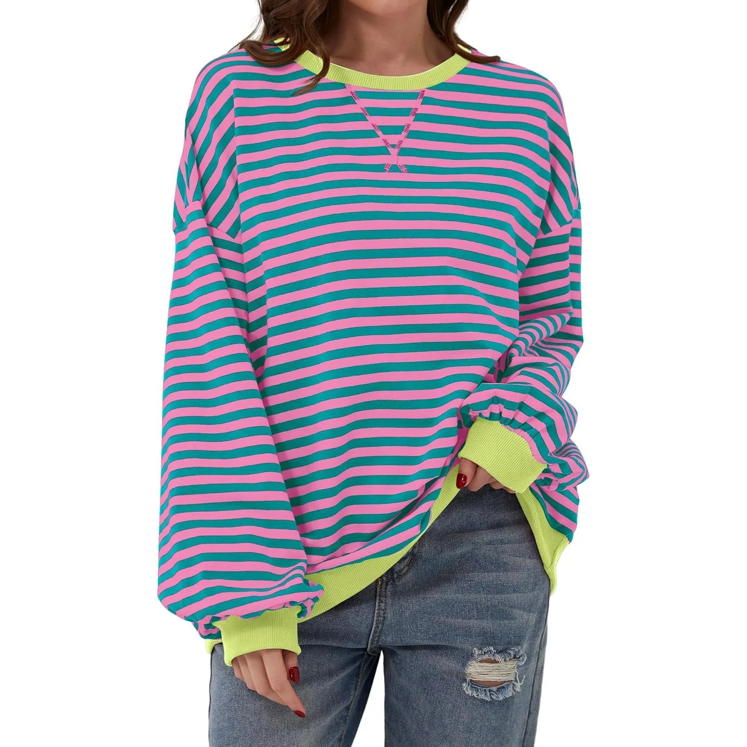 DUOEASE Pullover Damen Streifen Oversize Pullover Langarm Herbst Rundhals Sweatshirt Y2K Oberteile