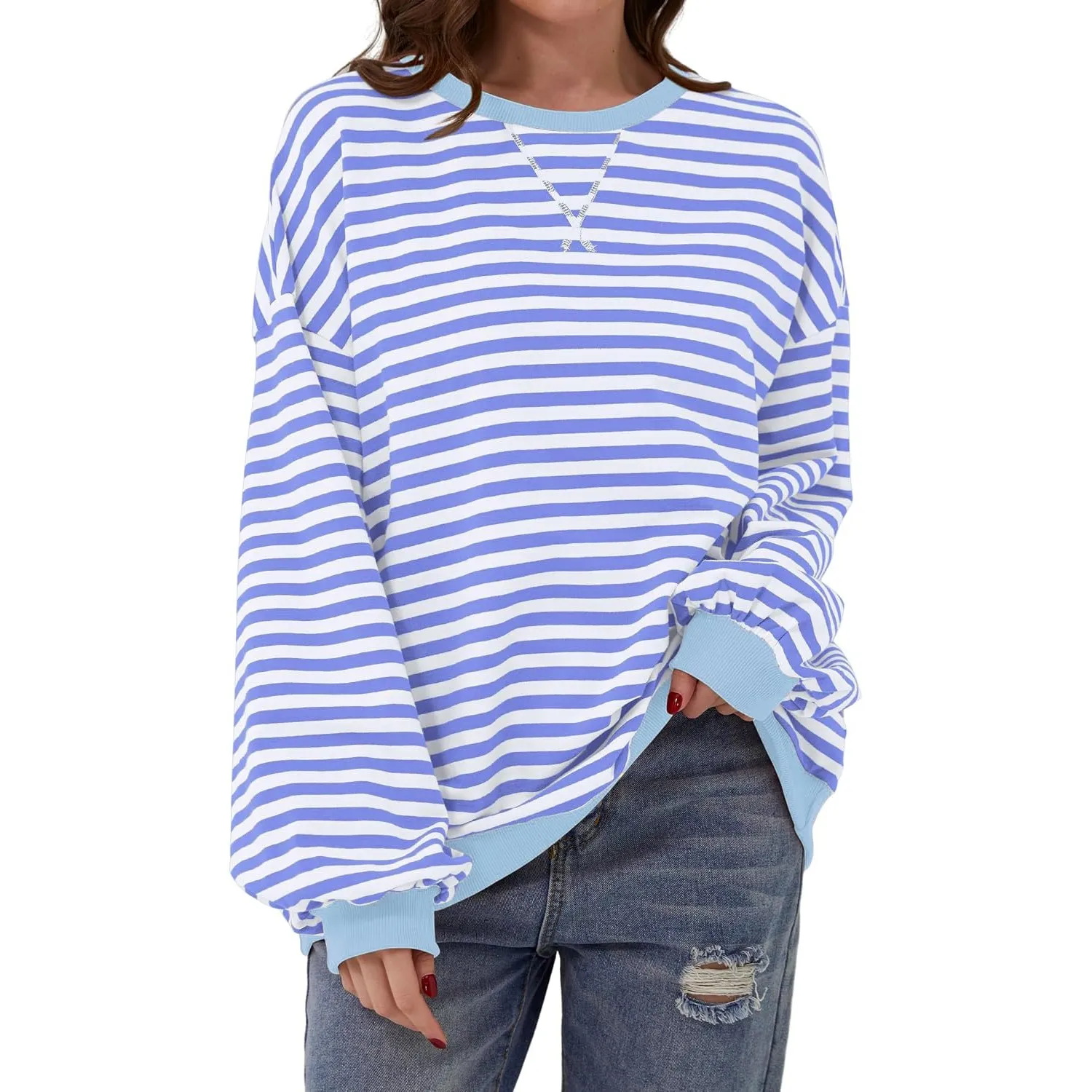DUOEASE Pullover Damen Streifen Oversize Pullover Langarm Herbst Rundhals Sweatshirt Y2K Oberteile