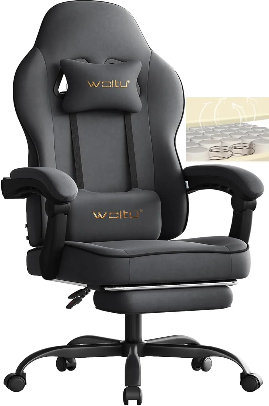 WOLTU Gaming Stuhl mit Taschenfederkissen, Gaming Sessel 150 kg Belastbarkeit, ergonomischer Drehstuhl, Gamer Stuhl mit Kopfkissen, Lendenkissen, Fußstütze, Tech-Stoff, Grau, GS10gr