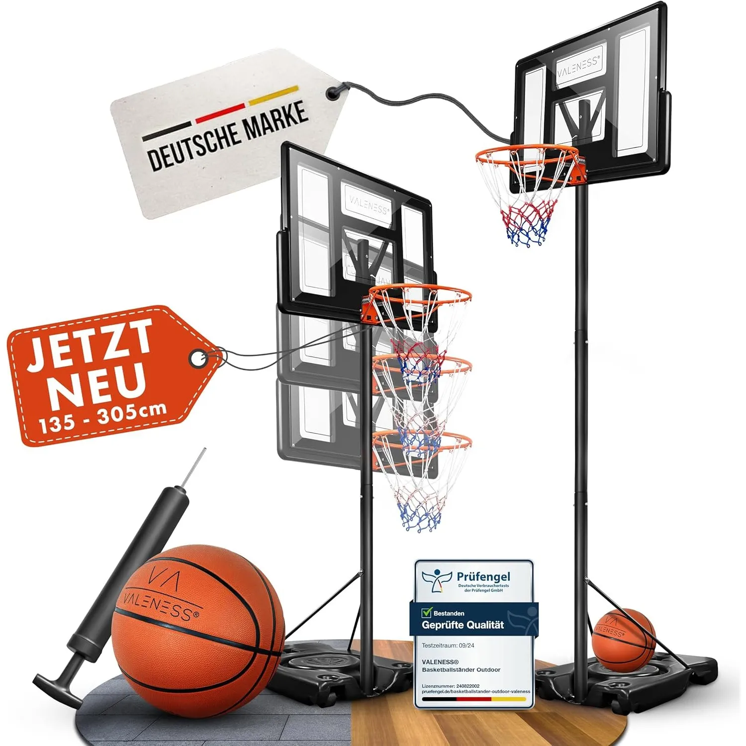 VALENESS® Basketballkorb Outdoor - [135 bis 305 cm] Höhenverstellbarer und Wetterfester Ständer - Profi Korb Mit Basket…