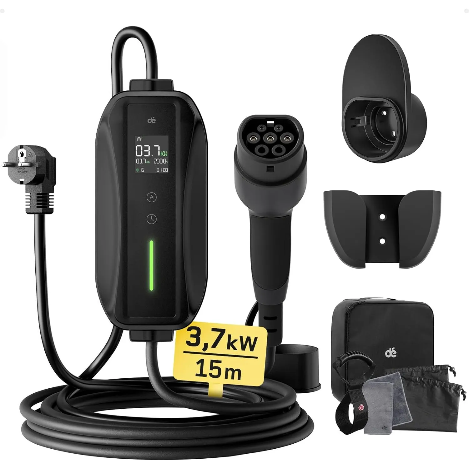 dé Ladekabel Typ 2 Schuko 3,68kW[1-phasig, 15m, 6-16A] EV Chargers mit Steuerbarer Digitalanzeige für Elektroauto, Lade…