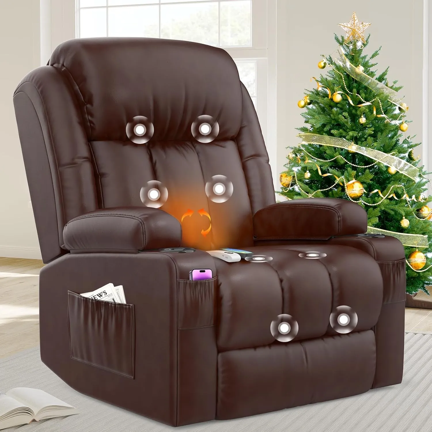 Fernsehsessel Massagesessel Elektrisch Relaxsessel mit Liegefunktion Aufstehhilfe, Massage Heizung, Fußteil, Getränkeha…