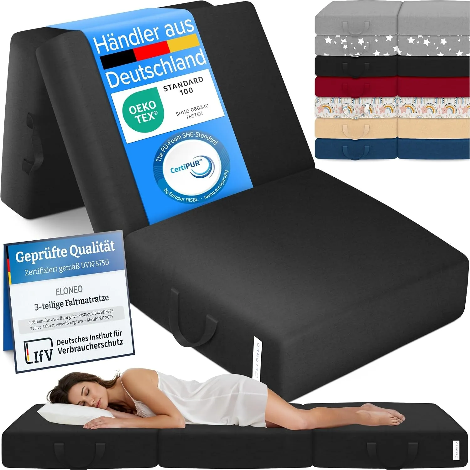 ELONEO Klappmatratze, Gästematratze, 3-teilige Faltmatratze, Schaumstoff extra dick (15cm), waschbar, Bandscheibenwürfe…