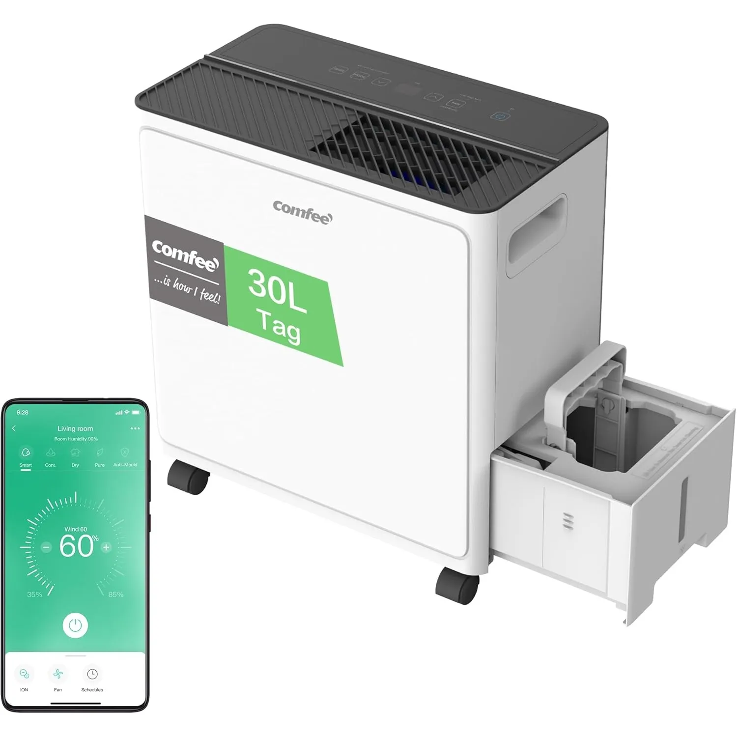 COMFEE CDDAE-30DEN7-QA3 Luftentfeuchter 30L/Tag für bis zu 73㎡, 3-Liter-Tank, drehbare Räder, Trocknungsmodus, Geräusch…