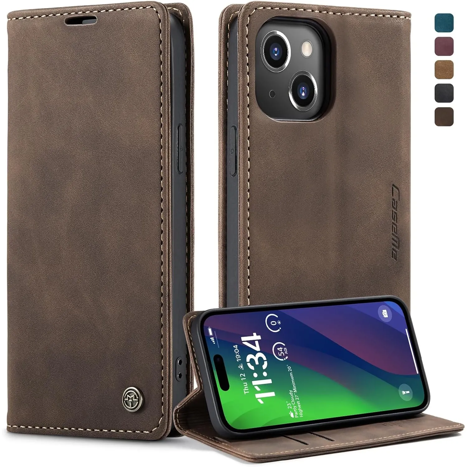 Handyhülle für iPhone 15 Hülle, Premium Lederhülle Weiches Vintage-Nubukleder Faltbare Ständer Klapphülle Kartenfach St…