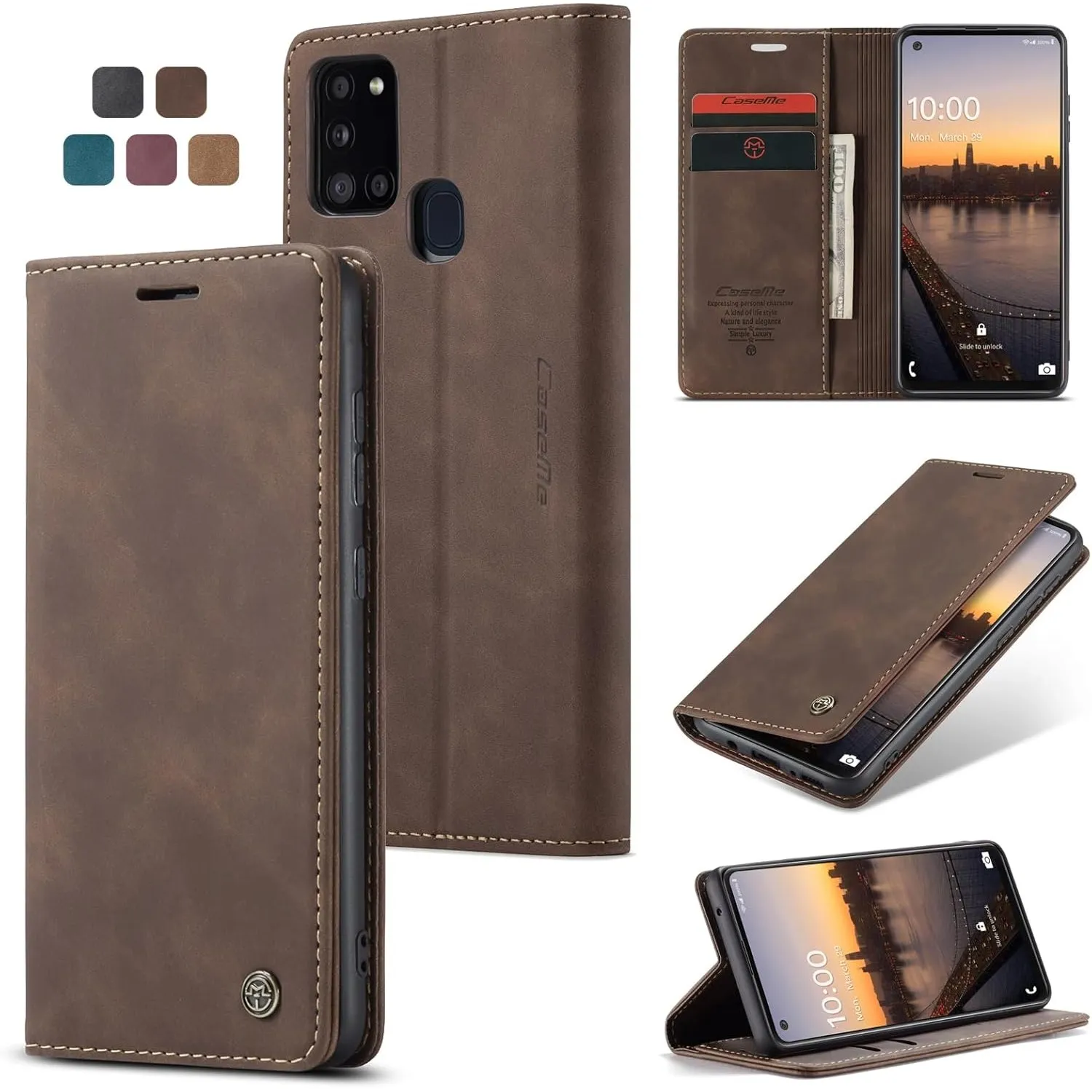 Handyhülle für Samsung Galaxy A21s Hülle, Premium Lederhülle Weiches Vintage-Nubukleder Faltbare Ständer Klapphülle Kar…